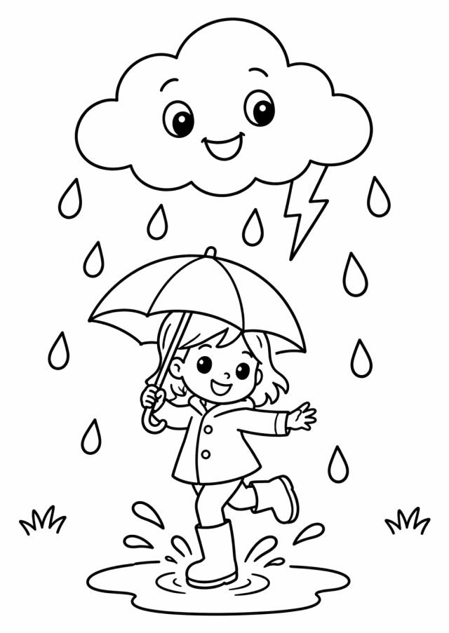 Ausmalbild: eine lachende Wolke mit Regentropfen und einem kleinen Blitz, darunter ein Mädchen in Regenmantel und Gummistiefeln mit Regenschirm, das in eine Pfütze springt