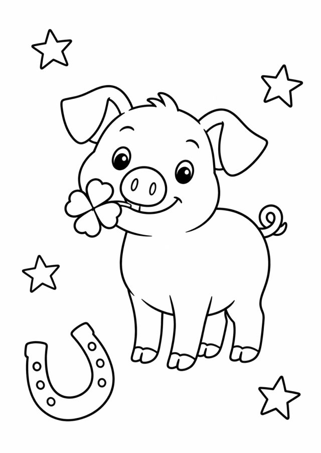 Ausmalbild: ein kleines, fröhliches Schwein mit Ringelschwanz hält ein vierblättriges Kleeblatt im Maul, daneben ein Hufeisen und Sterne