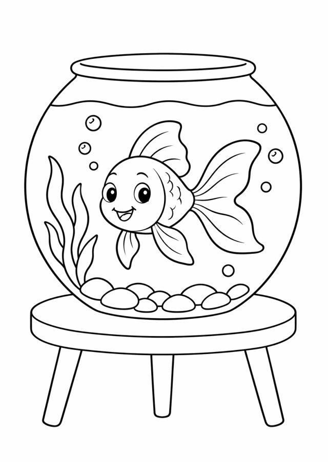 Ausmalbild: ein lachender Goldfisch mit großen Flossen schwimmt in einem runden Glas mit Wasserpflanze, Kieselsteinen und Luftblasen, das Glas steht auf einem Hocker