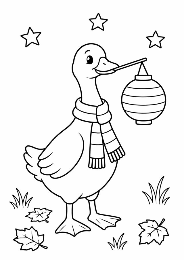 Ausmalbild: eine Gans mit gestreiftem Schal hält im Schnabel eine runde Laterne an einem Stab, unten Herbstblätter und Gras, oben drei Sterne