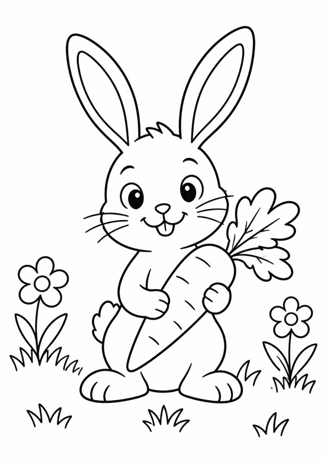 Ausmalbild: ein Hase mit langen Ohren steht im Gras und hält eine große Karotte mit Blattgrün, links und rechts je eine Blume