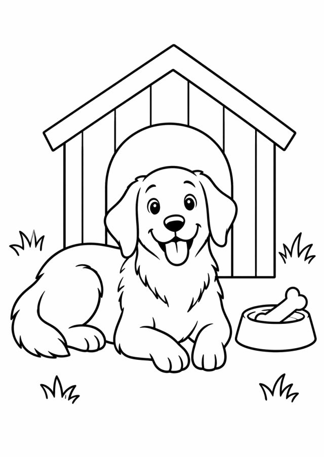 Ausmalbild: ein großer freundlicher Hund liegt vor seiner hölzernen Hundehütte, daneben ein Napf mit Knochen