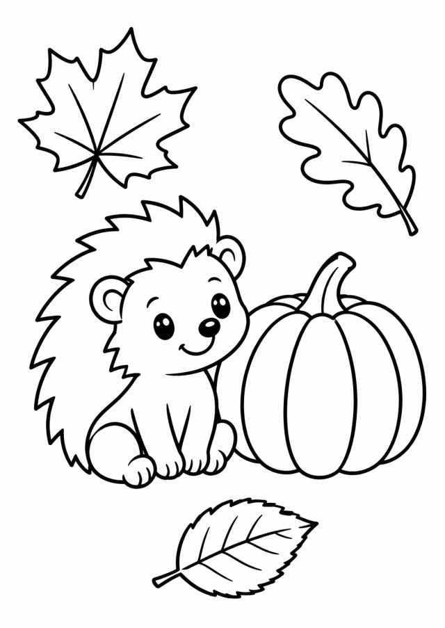 Ausmalbild: ein kleiner Igel sitzt neben einem großen Kürbis, ringsum drei große Herbstblätter, darunter ein Ahorn- und ein Eichenblatt