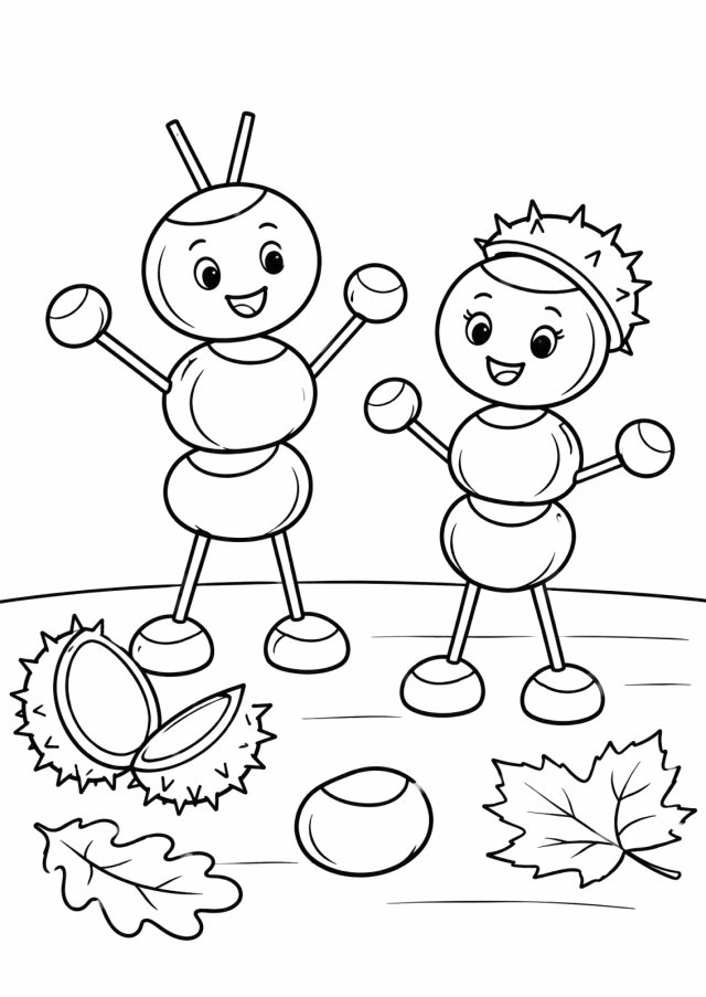 Ausmalbild: zwei lachende Figuren aus Kastanien mit Armen und Beinen aus Holzstäbchen, davor aufgeplatzte Kastanienschalen, eine Kastanie und Blätter