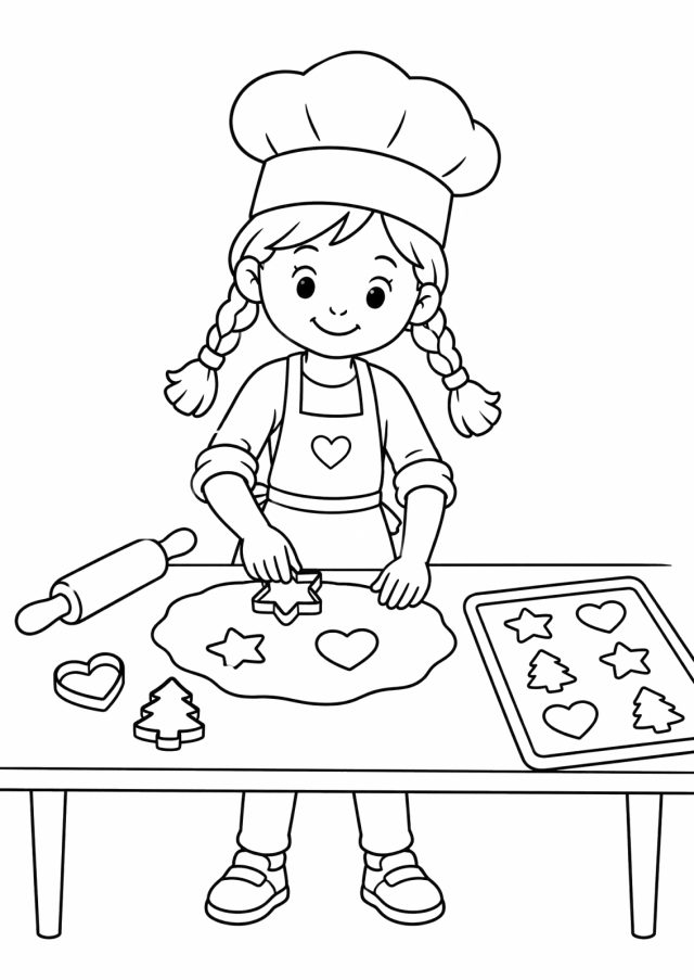 Ausmalbild: ein Mädchen mit Zöpfen, Kochmütze und Schürze sticht am Tisch Kekse aus, daneben Nudelholz, Ausstecher und ein Backblech mit Sternen, Herzen und Tannen