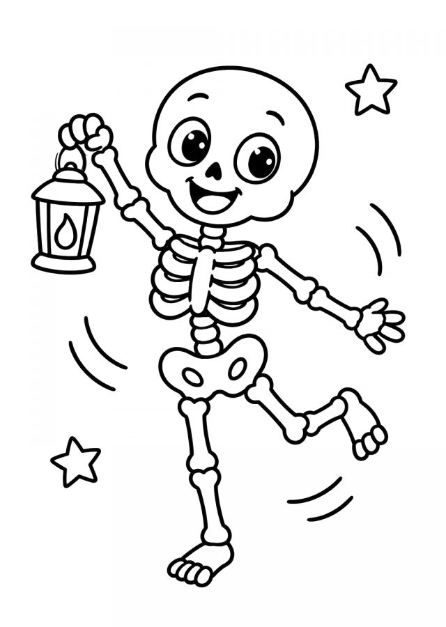 Ausmalbild: ein lachendes Cartoon-Skelett tanzt auf einem Bein und hält eine Laterne hoch, daneben zwei Sterne