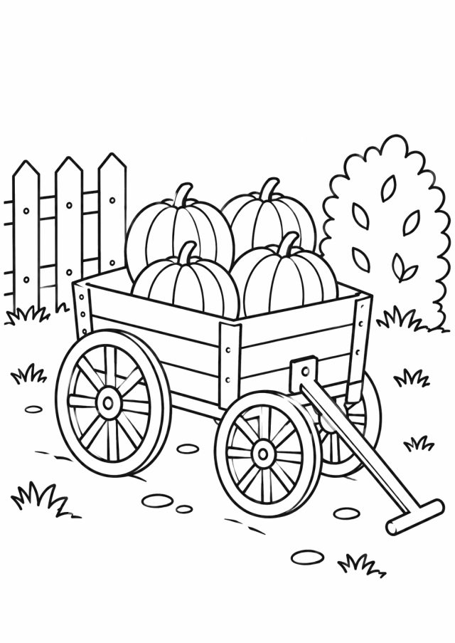 Ausmalbild: ein hölzerner Handwagen mit zwei Speichenrädern und Deichsel, beladen mit vier Kürbissen, auf einem Gartenweg neben Zaun und Busch