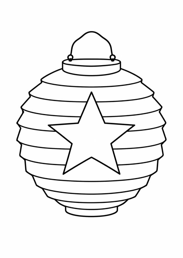 Ausmalbild: eine runde Lampion-Papierlaterne mit Rillen und einem großen Stern auf der Vorderseite, oben ein Drahthenkel, ohne Hintergrund