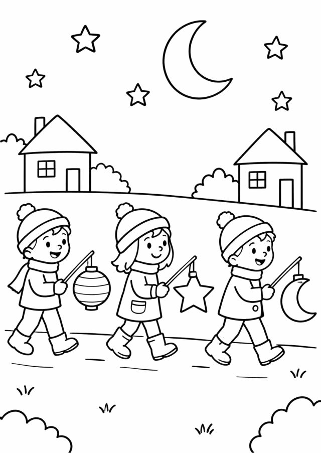 Ausmalbild: drei Kinder in Wintermützen gehen hintereinander mit einer runden, einer Stern- und einer Mondlaterne, dahinter zwei Häuser, Mond und Sterne