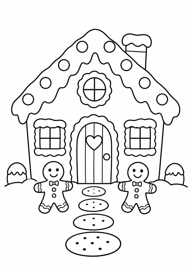 Ausmalbild: ein Lebkuchenhaus mit Zuckerguss und runden Zuckerln am Dach, Tür mit Herz, davor zwei Lebkuchenmännchen und ein Weg aus Keksen