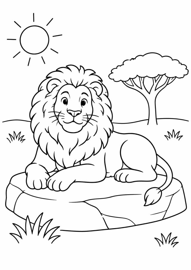 Ausmalbild: ein freundlicher Löwe mit großer Mähne liegt entspannt auf einem flachen Felsen, oben links die Sonne, rechts eine Schirmakazie, Grasbüschel in der Savanne
