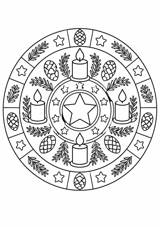 Ausmalbild: ein rundes Mandala mit einem Stern in der Mitte, darum vier Kerzen, Tannenzweige, Tannenzapfen und ein Ring aus Feldern mit Sternen
