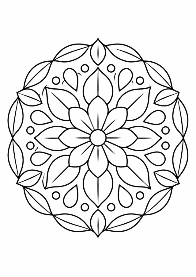 Ausmalbild: ein rundes Blumen-Mandala mit einer Blüte in der Mitte, darum Blütenblätter, Tropfenformen, kleine Kreise und ein Kranz aus Blättern
