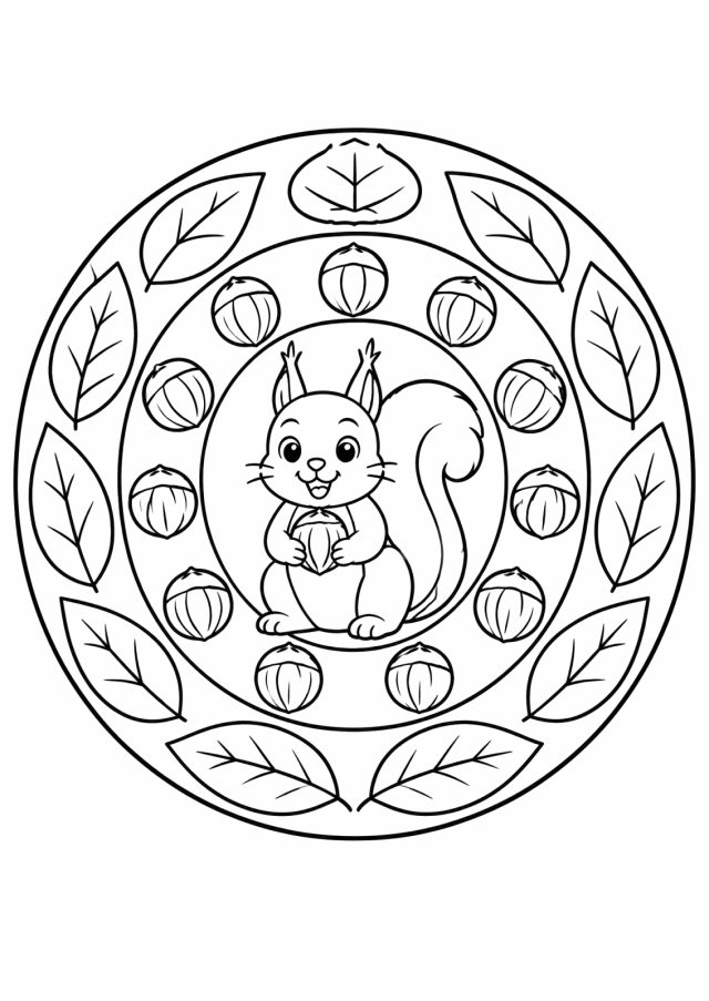 Ausmalbild: rundes Mandala mit einem sitzenden Eichhörnchen mit Nuss in der Mitte, darum ein Ring aus Haselnüssen und ein äußerer Ring aus Blättern