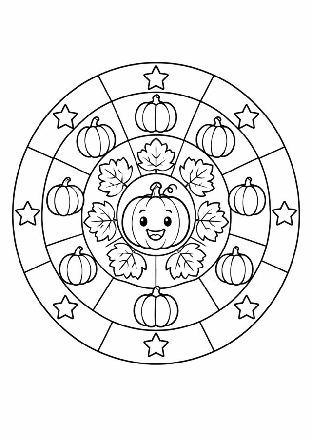 Ausmalbild: rundes Mandala mit einem lachenden Kürbis in der Mitte, darum ein Ring aus acht Blättern, ein Ring aus acht kleinen Kürbissen und außen ein Ring aus Sternen