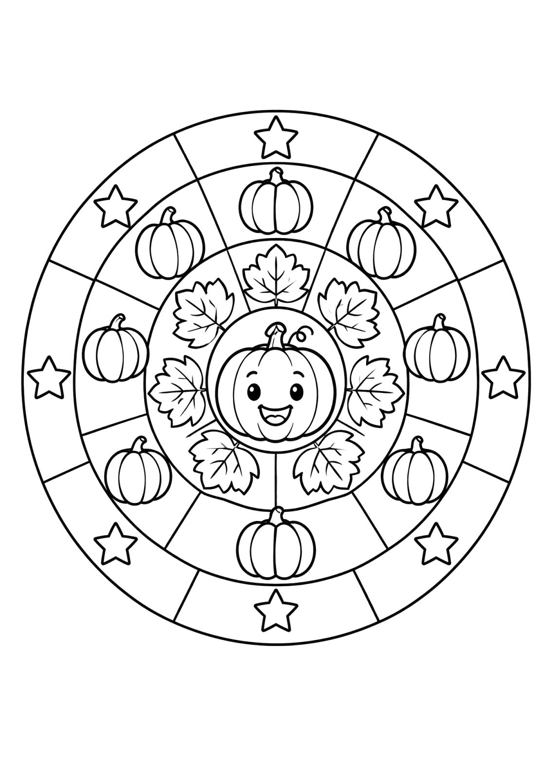 Ausmalbild: rundes Mandala mit einem lachenden Kürbis in der Mitte, darum ein Ring aus acht Blättern, ein Ring aus acht kleinen Kürbissen und außen ein Ring aus Sternen