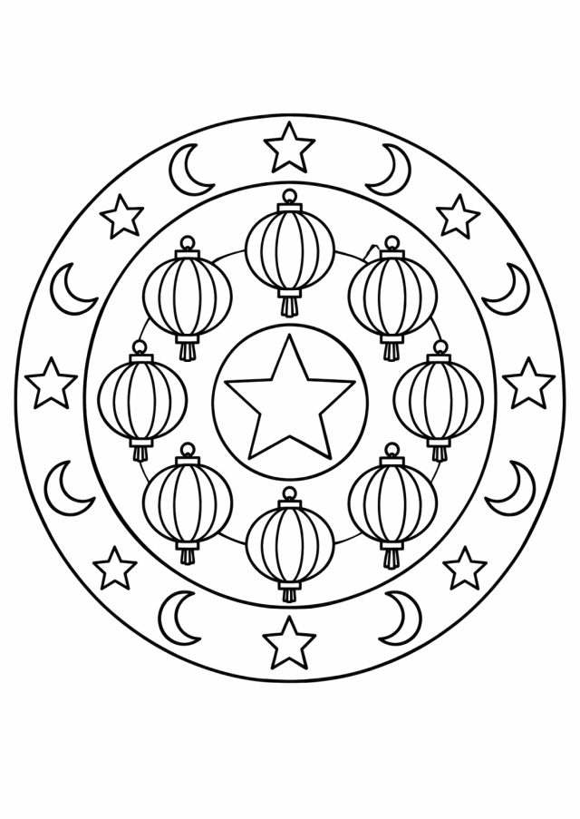 Ausmalbild: rundes Mandala mit einem Stern in der Mitte, darum acht runde Papierlaternen und außen ein Ring aus Sternen und Mondsicheln