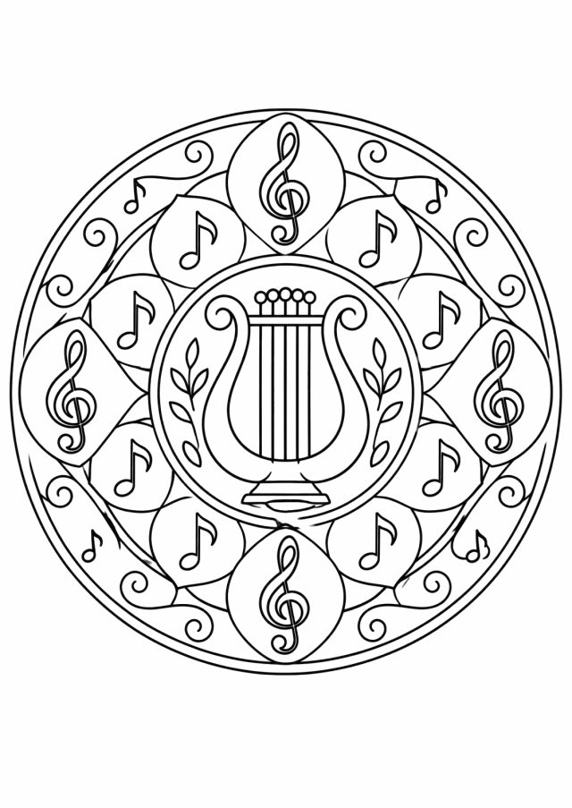 Ausmalbild: rundes Mandala mit einer Lyra in der Mitte, darum Felder mit Notenschlüsseln und Achtelnoten und ein äußerer Ring aus Ornamenten