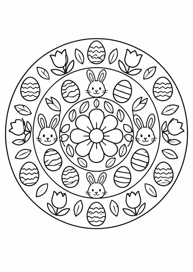 Ausmalbild: ein rundes Mandala mit einer großen Blume in der Mitte, darum Blätter, ein Ring mit vier Hasenköpfen und gestreiften Eiern, außen ein Ring aus Ostereiern, Tulpen und Blättern