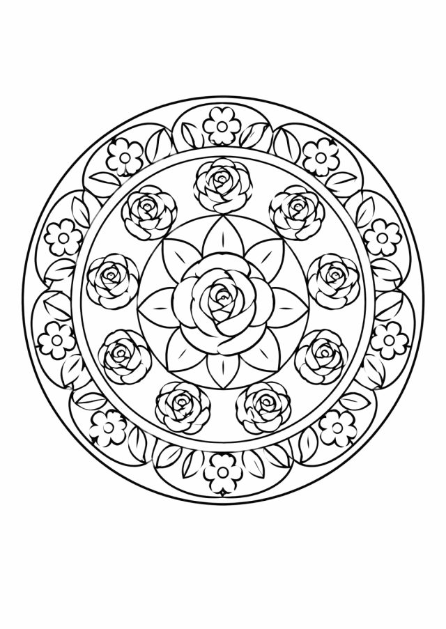 Ausmalbild: rundes Mandala mit einer großen Rose in der Mitte, umgeben von Blättern, einem Ring aus zehn kleinen Rosen und einem äußeren Ring aus Blüten und Blättern