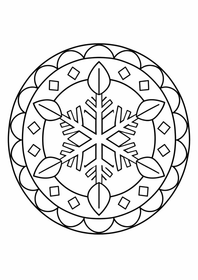 Ausmalbild: ein rundes Mandala mit einer großen sechsarmigen Schneeflocke in der Mitte, darum Blattformen, kleine Rauten und ein Kranz aus Bögen