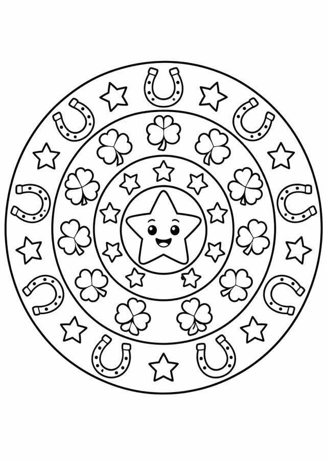 Ausmalbild: rundes Mandala mit einem lachenden Stern in der Mitte, darum ein Ring aus kleinen Sternen, ein Ring aus Kleeblättern und außen ein Ring aus Hufeisen und Sternen
