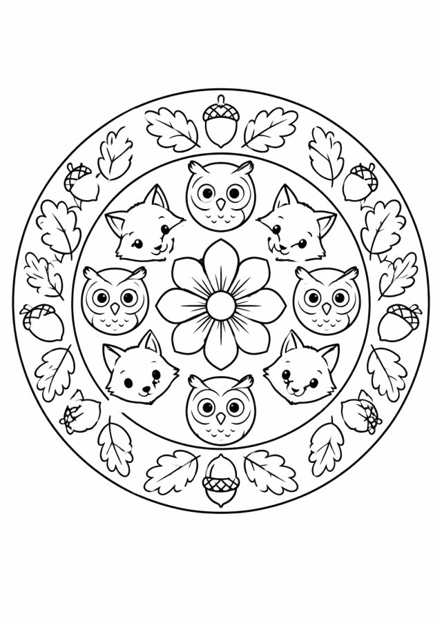 Ausmalbild: rundes Mandala mit einer Blume in der Mitte, darum abwechselnd vier Fuchsköpfe und vier Eulen, im äußeren Ring Eichenblätter und Eicheln