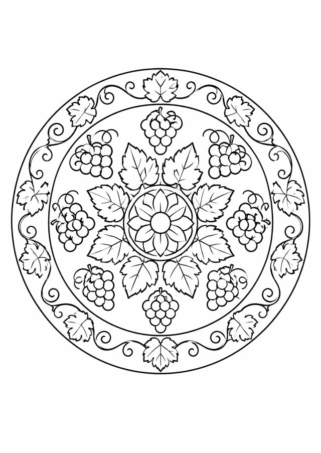 Ausmalbild: rundes Mandala mit einer Blüte in der Mitte, darum Weinblätter, ein Ring aus Traubenbündeln und außen ein Ring aus Ranken und Blättern