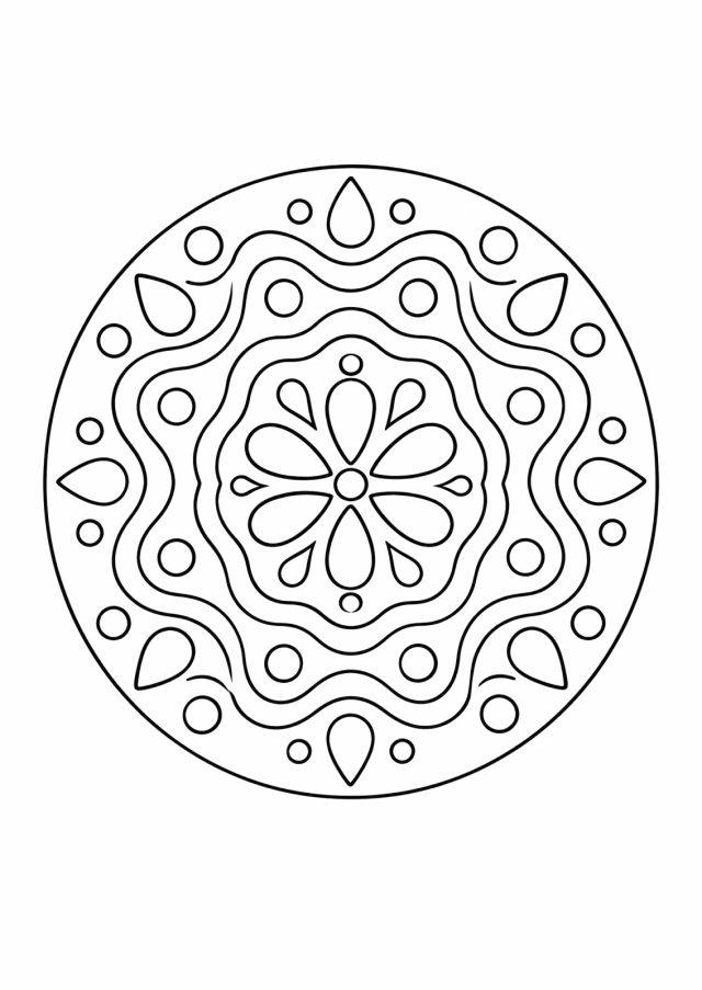 Ausmalbild: rundes Mandala aus einer Blume aus Tropfen in der Mitte, darum Wellenringe, Kreise und Tropfen