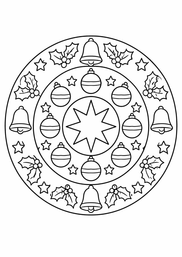 Ausmalbild: ein rundes Mandala mit einem achtzackigen Stern in der Mitte, darum ein Ring aus Christbaumkugeln und Sternen, außen Glocken und Stechpalmenzweige