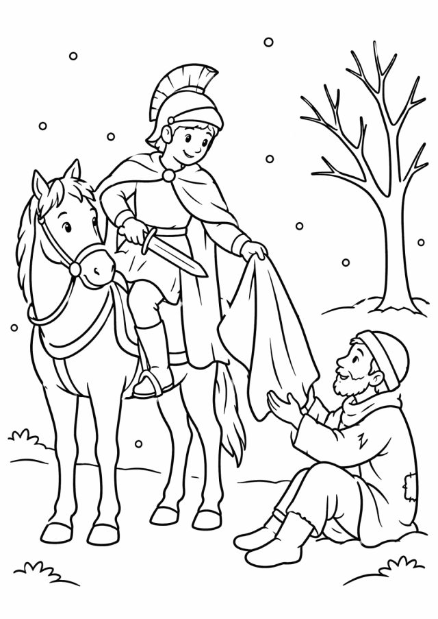 Ausmalbild: ein Reiter mit Helm teilt auf seinem Pferd den Mantel und reicht eine Hälfte einem Mann, der am Wegrand sitzt, dahinter ein kahler Baum und Schneeflocken