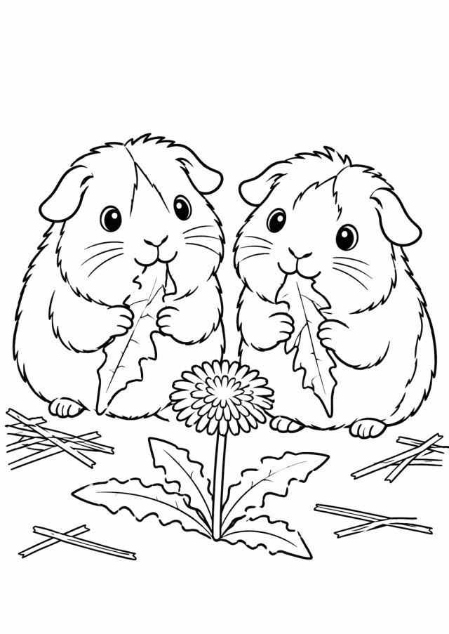 Ausmalbild: zwei Meerschweinchen sitzen nebeneinander und knabbern an Löwenzahnblättern, davor eine Löwenzahnblüte und Strohhalme