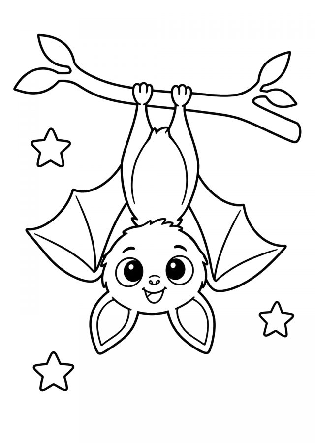 Ausmalbild: eine kleine Fledermaus hängt kopfüber an einem Ast, daneben drei Sterne