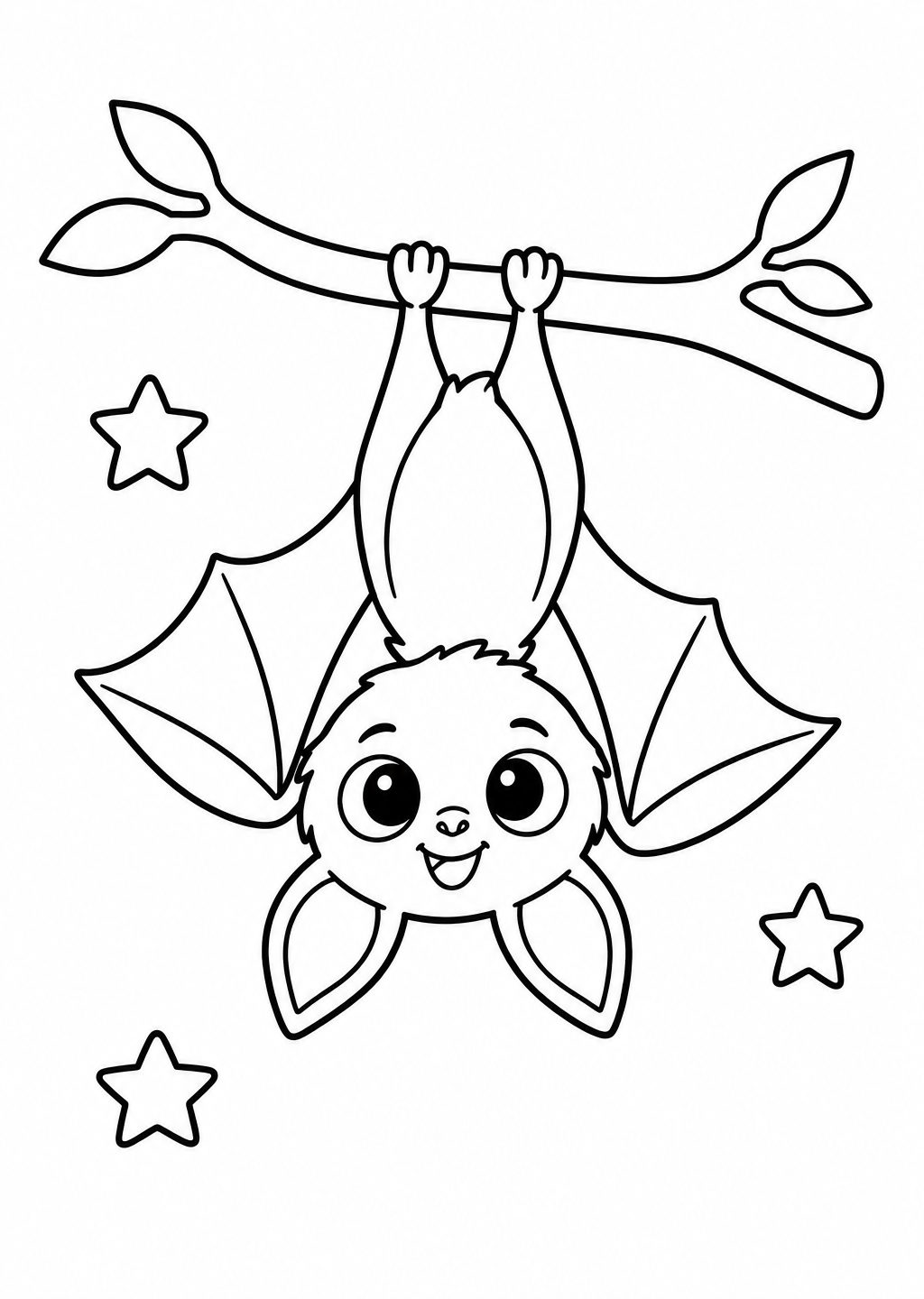 Ausmalbild: eine kleine Fledermaus hängt kopfüber an einem Ast, daneben drei Sterne
