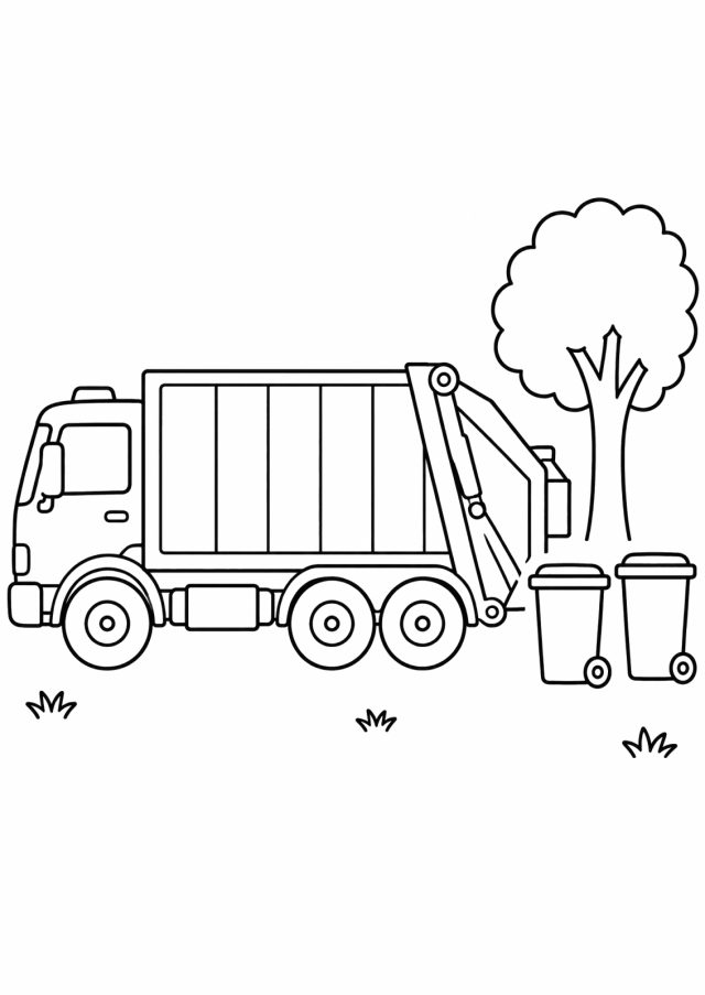 Ausmalbild: ein Müllwagen mit Hebevorrichtung von der Seite, daneben zwei Mülltonnen auf Rädern und ein Baum