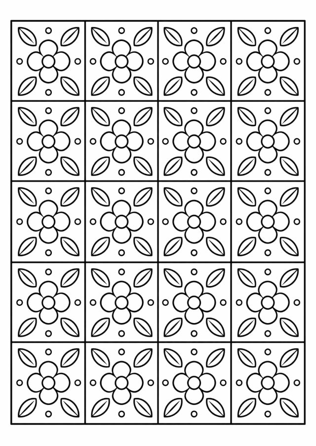 Ausmalbild: ein Raster aus vier mal fünf quadratischen Kacheln, in jeder eine Blume mit vier runden Blütenblättern und rundem Kern, in den Ecken je ein Blatt, an den Seiten kleine Kreise