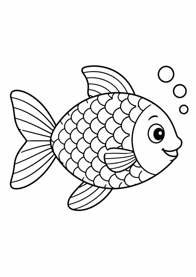 Ausmalbild: ein lächelnder Fisch im Profil, der Körper ganz mit Schuppen aus Halbbögen gefüllt, Flossen und Schwanz mit Streifen, rechts oben drei Luftblasen