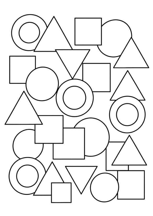 Ausmalbild: ein ganzseitiges Muster aus Kreisen, Ringen, Dreiecken und Quadraten, die sich teilweise überlappen