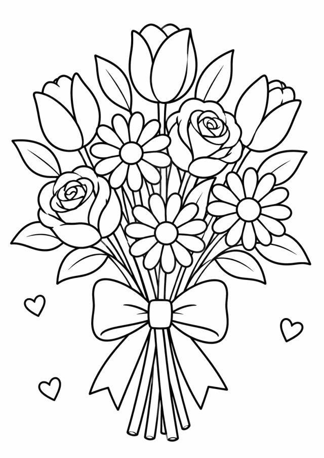 Ausmalbild: ein großer Blumenstrauß aus drei Tulpen, zwei Rosen und drei Margeriten mit Blättern, unten mit einer großen Schleife gebunden, daneben drei kleine Herzen