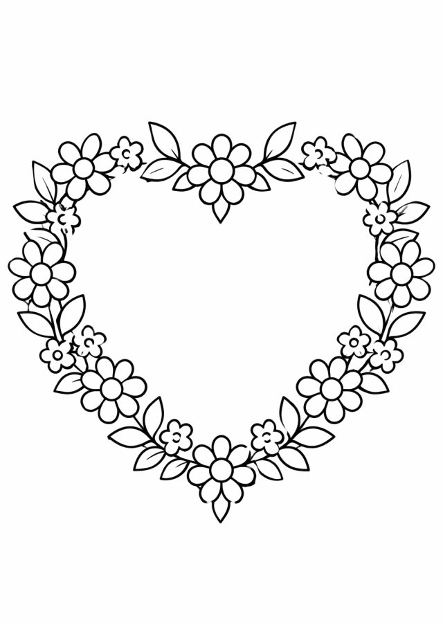 Ausmalbild: ein großes Herz, dessen Rand ganz aus großen und kleinen Blumen und Blättern besteht, die Mitte ist frei