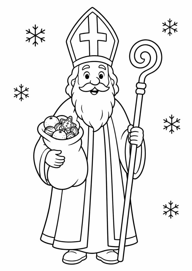 Ausmalbild: der Nikolaus mit langem Bart, Bischofsmütze mit Kreuz und Bischofsstab trägt einen Sack mit Mandarinen, Nüssen und einem Lebkuchenstern, ringsum Schneeflocken