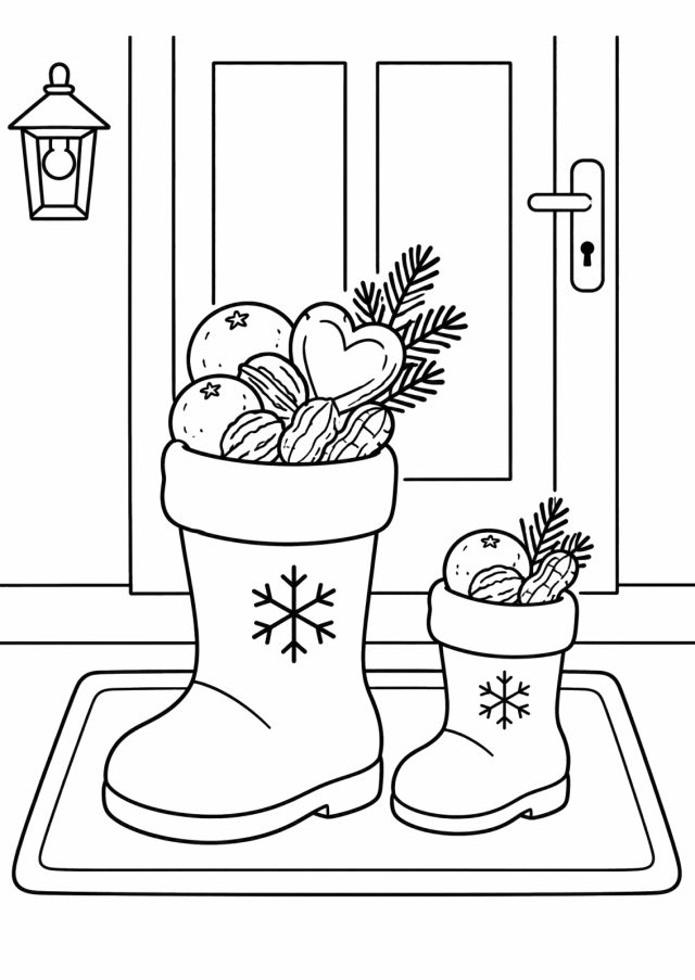 Ausmalbild: ein großer und ein kleiner Stiefel stehen auf einer Fußmatte vor einer Haustür, gefüllt mit Mandarinen, Nüssen, einem Lebkuchenherz und Tannenzweigen