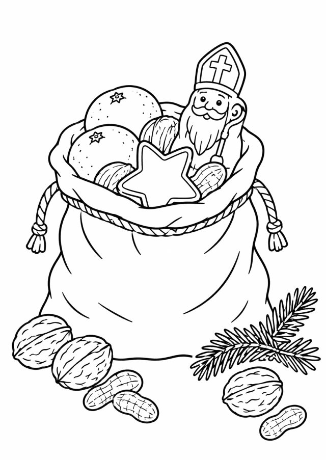 Ausmalbild: ein offener Stoffsack mit Kordel voller Mandarinen, Nüsse und einem Lebkuchenstern, darin eine kleine Nikolausfigur, davor Walnüsse, Erdnüsse und ein Tannenzweig