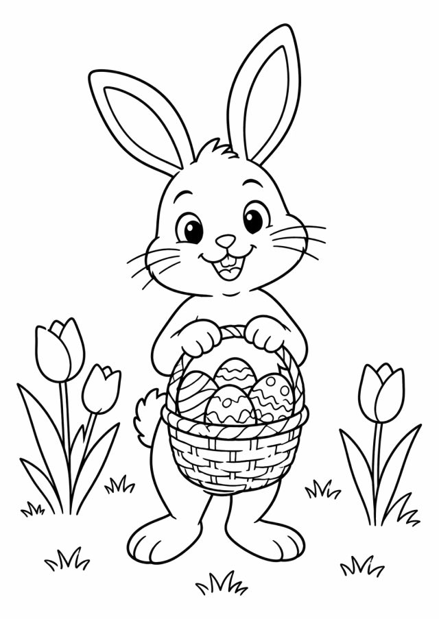 Ausmalbild: ein lachender Osterhase mit langen Ohren hält einen geflochtenen Korb mit verzierten Ostereiern, links und rechts Tulpen auf der Wiese