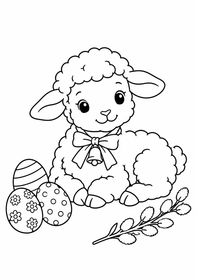 Ausmalbild: ein liegendes Lamm mit lockigem Fell und einer Schleife mit Glöckchen um den Hals, links drei verzierte Ostereier, rechts unten ein Zweig mit Palmkätzchen