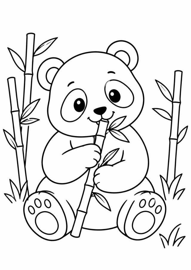 Ausmalbild: ein runder Panda sitzt am Boden und knabbert an einem Bambusstängel, links und rechts Bambushalme mit Blättern, die großen Fußsohlen zeigen nach vorn