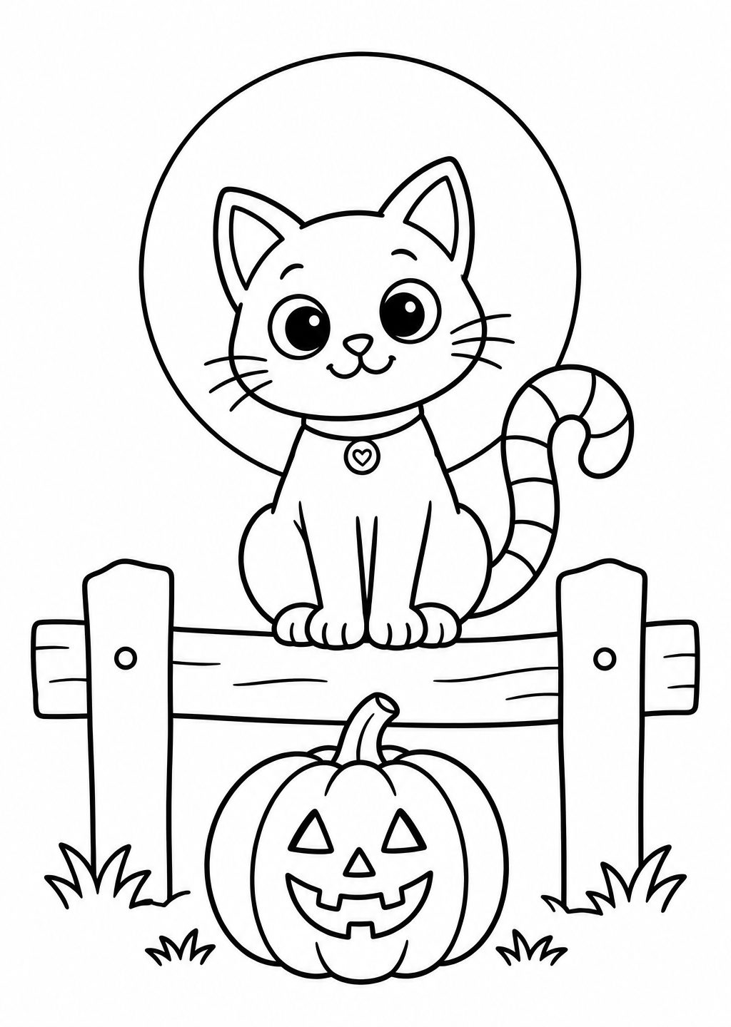 Ausmalbild: eine Katze mit großen Augen und geringeltem Schwanz sitzt vor dem Vollmond auf einem Holzzaun, davor ein Kürbis