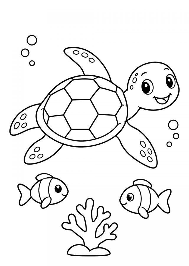 Ausmalbild: eine Meeresschildkröte mit sechseckig gefeldertem Panzer schwimmt über zwei kleinen Fischen und einer Koralle