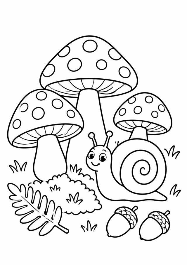 Ausmalbild: drei große Pilze mit Punkten, davor eine lächelnde Schnecke mit Spiralhaus, Moos, ein Farnblatt und zwei Eicheln