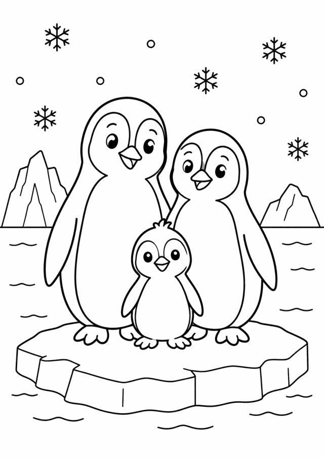 Ausmalbild: zwei große Pinguine und ein kleines Pinguinküken stehen auf einer Eisscholle im Meer, dahinter zwei Eisberge und Schneeflocken